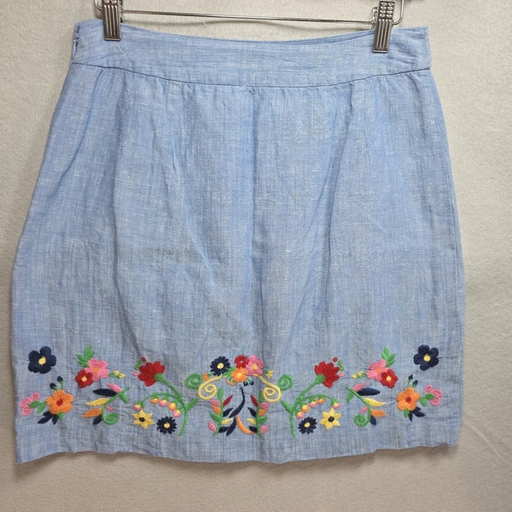 Talbots Floral Embroidered Linen Skirt Womens 2 Lined Short Boho‎ Colorful Blue